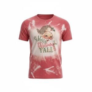 Merry Christmas Y’all Santa Graphic T-Shirt Red Bleach Tie Dye Adult Large